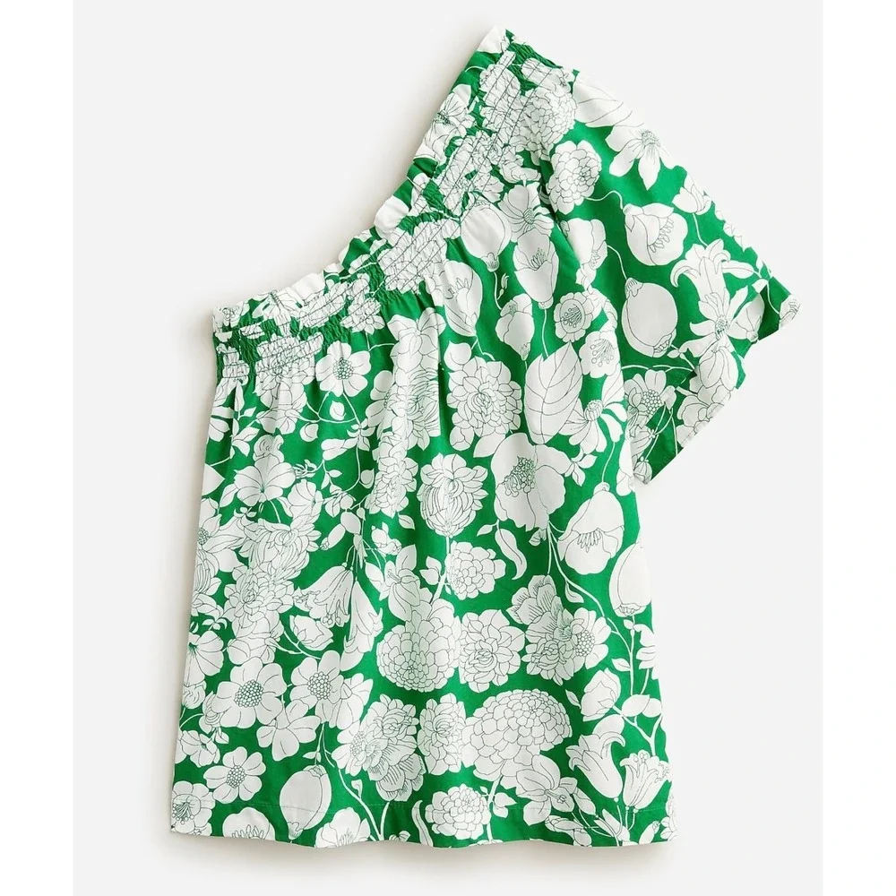 J.Crew One Shoulder Floral Top L Kelly Green Smocked Cotton Poplin Cottagecore - Picture 13 of 14